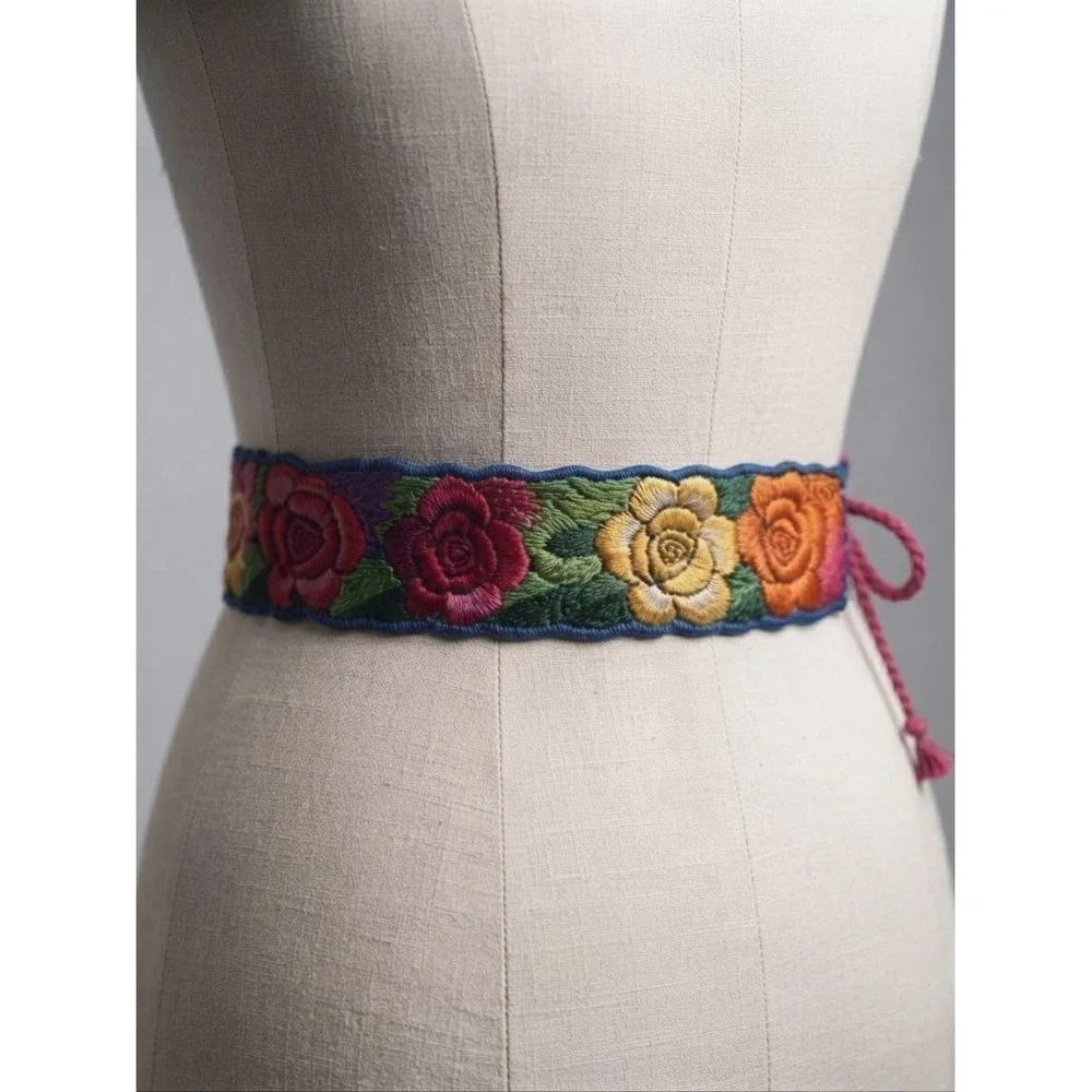 Handmade Floral Embroidered Belt Multi Color Rose Folk Art Sash Tie Waist Boho
